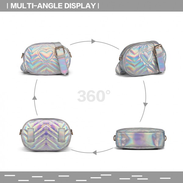LH6834 - Miss Lulu Quilted Heart and Chevron Cross Body and Bum Bag - Iridescent Silver